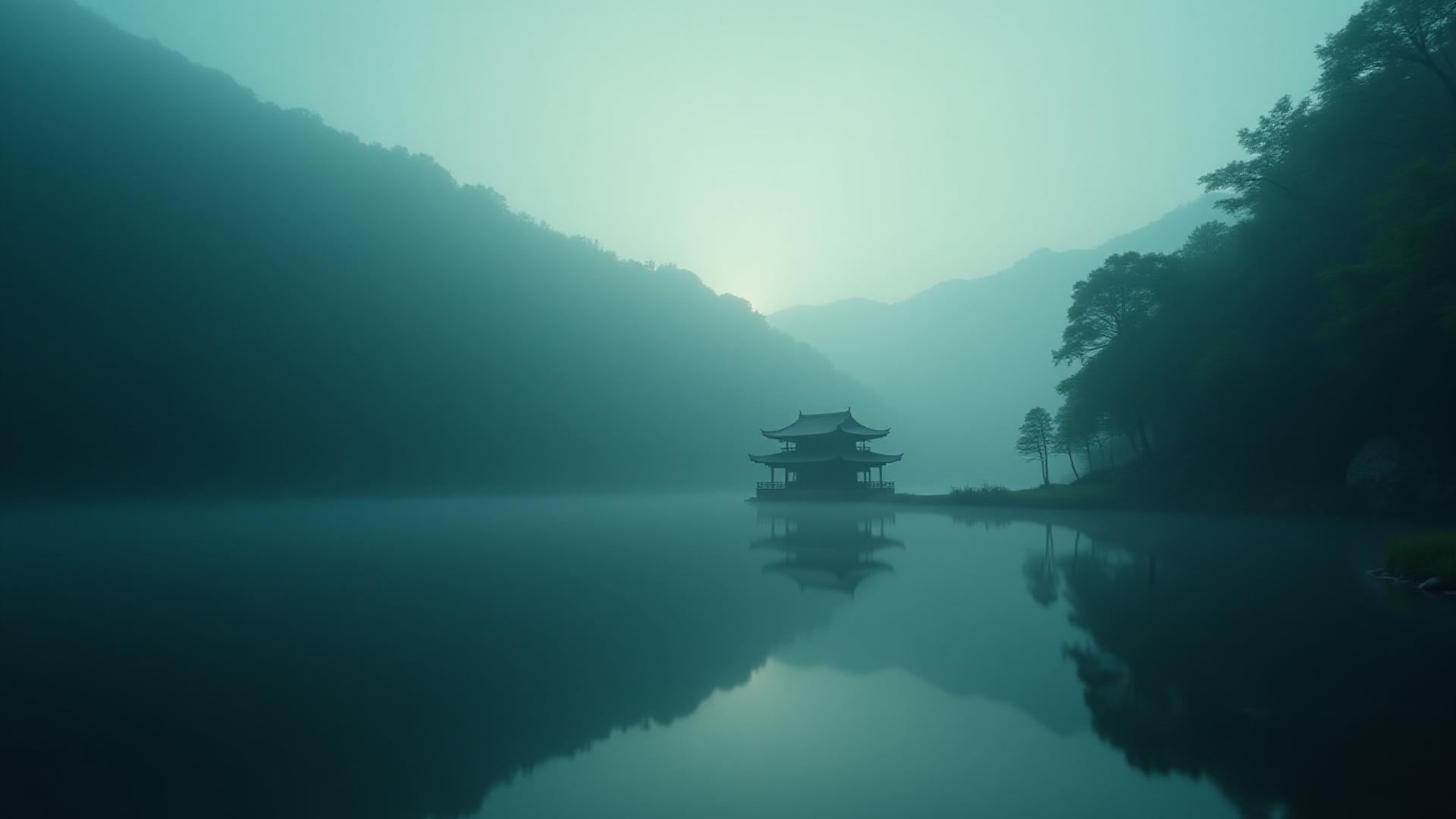夜明けの湖畔に建つ静かな寺院のデジタルレンダリング