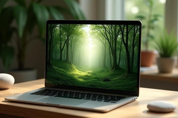 ノートパソコンの画面に広がる広々としたデジタル森の風景