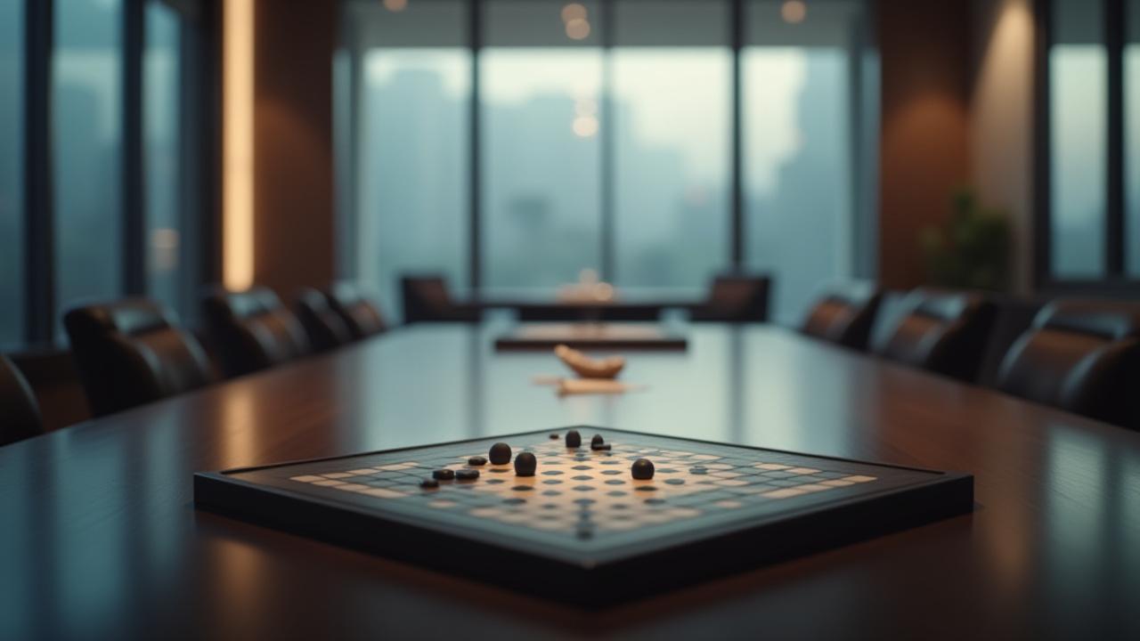 銀座のミニマリストなオフィス空間、美しく照らされた静かな会議室で、深い思考を促す象徴的な囲碁盤が置かれている様子