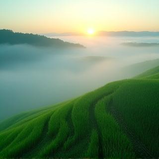 早朝の霧に包まれた棚田のパノラマ