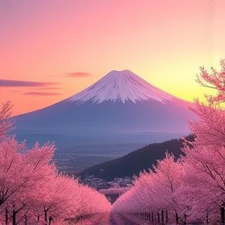 夕焼けに染まる富士山と桜の木々