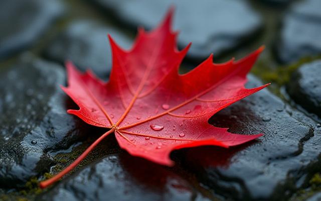 濡れた舗道に置かれた一枚の鮮やかな紅葉が、時の流れと日本の季節感を象徴する