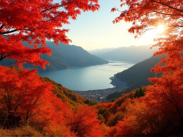 箱根の紅葉する山々と湖